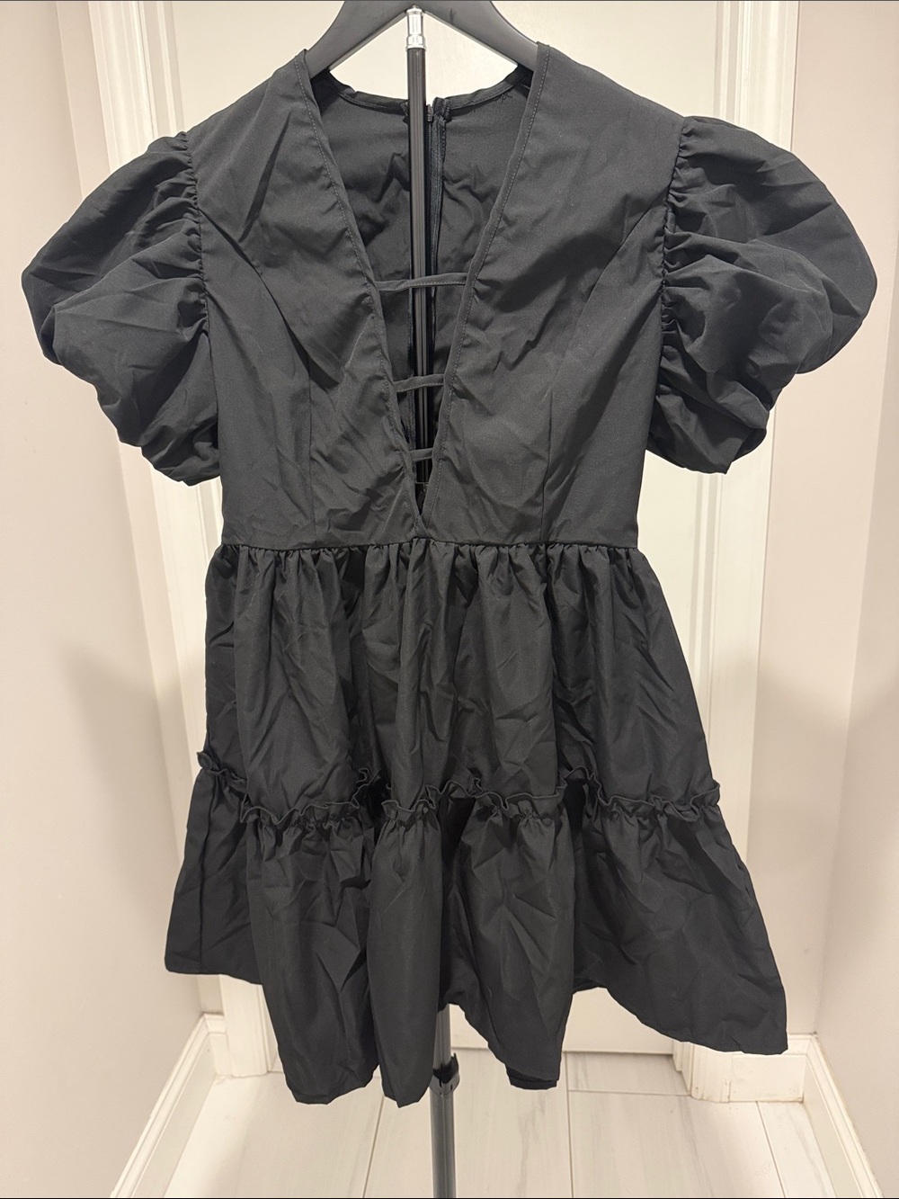 Black Puff Sleeve Tiered Mini Dress